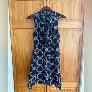 Anthropologie Navy and Gold silk dress.